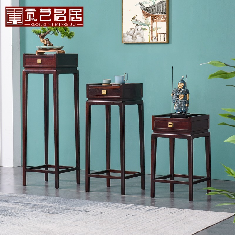 红木家具赞比亚血檀花架实木新中式仿古带抽屉落地花几盆景架子