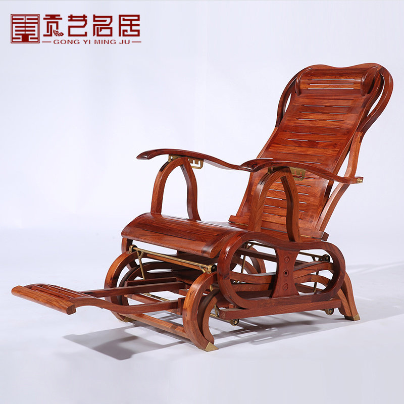 红木家具 全缅甸花梨木摇椅 躺椅 逍遥椅 实木中式休闲阳台摇摇椅
