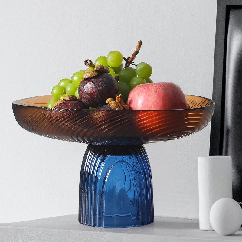高档玻璃水果盘拼色高级感果盘家用客厅茶几轻奢风高脚零食糖果盘