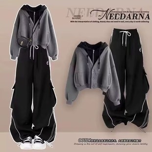 女童秋冬装初中女学生长袖连帽卫衣女套装2025新款秋季工装阔腿裤