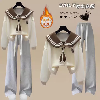 女中大童加绒加厚卫衣休闲裤套装