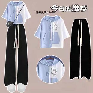少女夏装上衣12-15岁中大童休闲连帽短袖初中生T恤冰丝裤两件套装