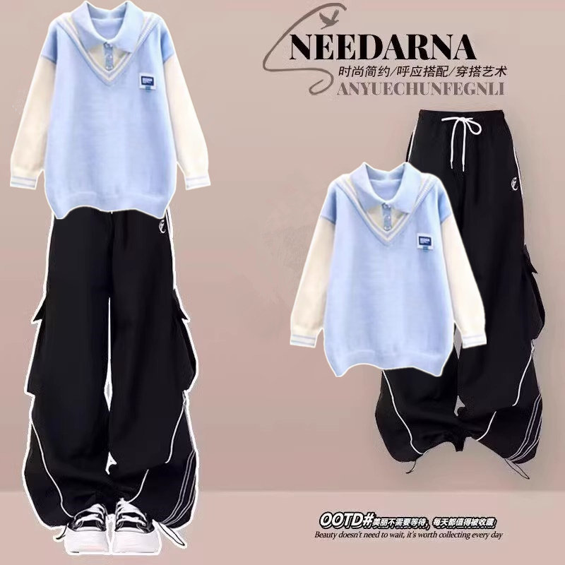 初中生运动女套装秋季高中学生衣服大童毛衣针织衫长裤穿搭一整套