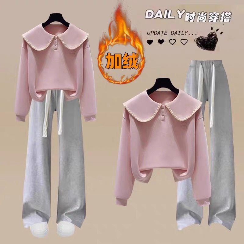 少女大童秋冬季甜美娃娃领卫衣加绒套装初中学生休闲阔腿裤两件套