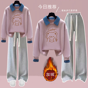 学院风初中生加绒套装女童秋冬新款时尚大童卫衣休闲阔腿裤两件套