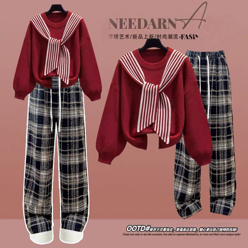 少女秋冬季红色新年套装女洋气时髦毛衣女孩阔腿裤两件套喜庆衣服