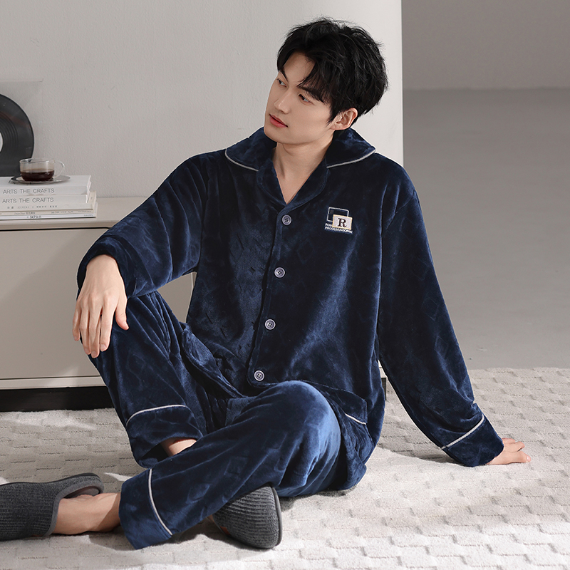 男士法兰绒睡衣新款冬季加厚加绒保暖中青年宽松大码高级感家居服