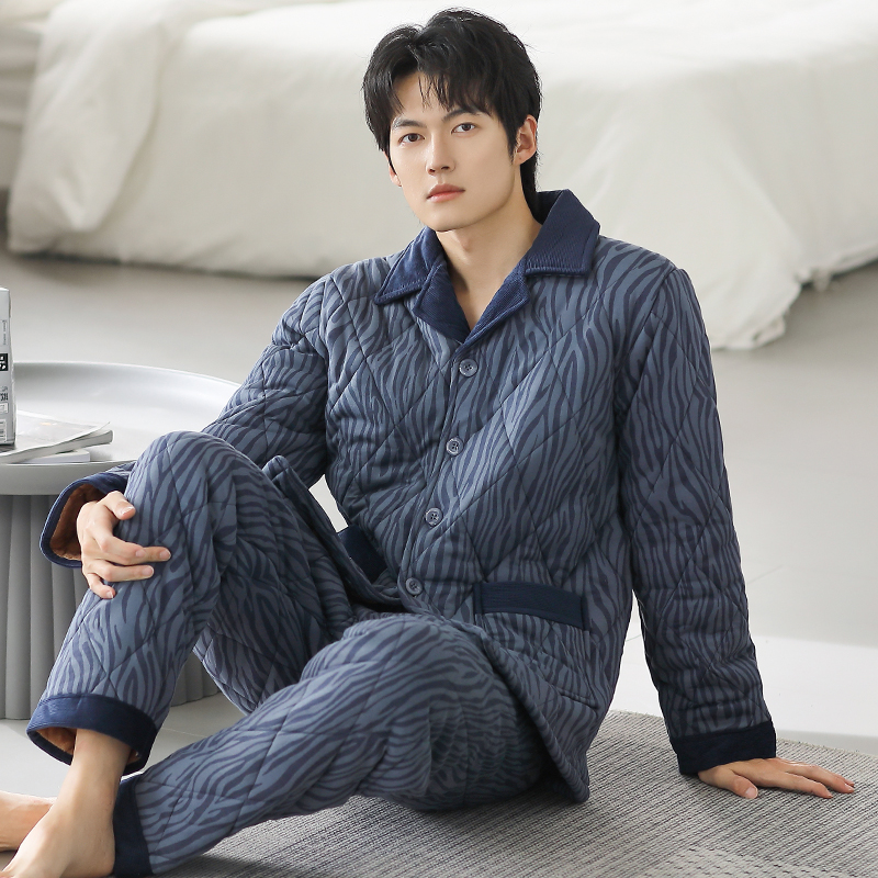 睡衣男冬季纯棉加厚三层夹棉中青年简约大气保暖家居服套装可外穿