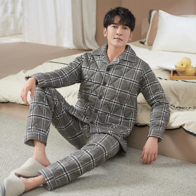 冬季加棉加厚保暖中青年爸爸开衫格子可外穿家居服三层夹棉男睡衣