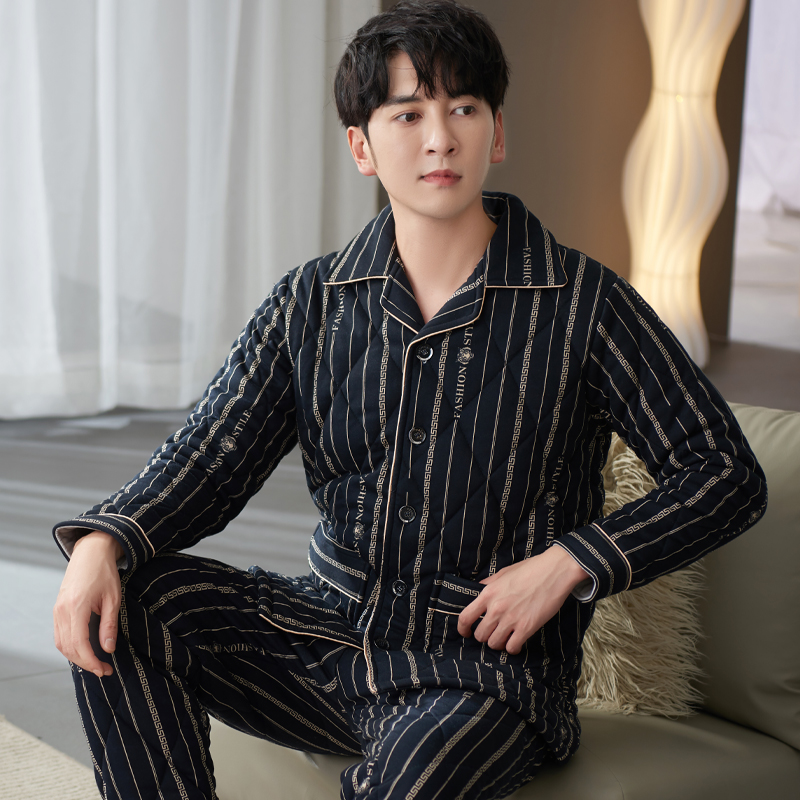 高级感冬季保暖加厚纯棉三层夹棉睡衣男士秋冬棉袄大码家居服套装