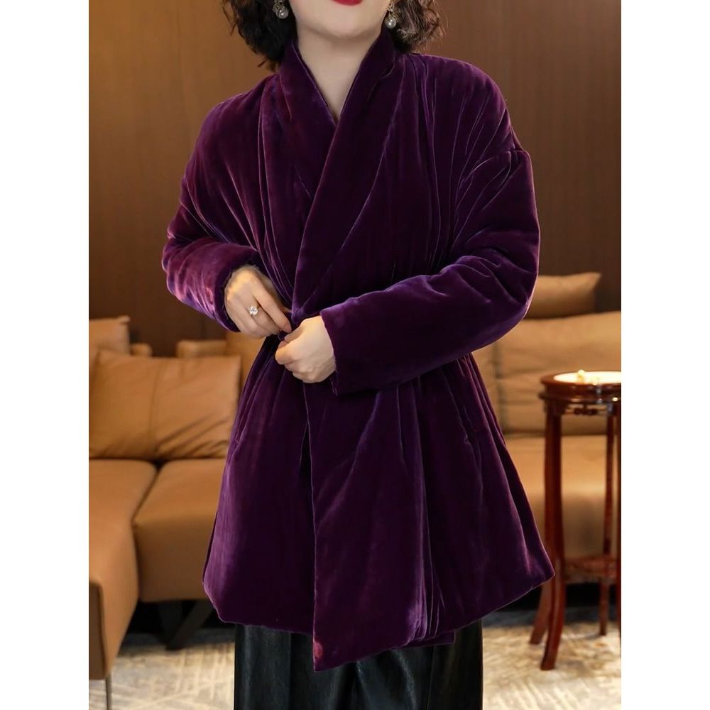 轻奢贵夫人高级感纯色丝绒棉服冬季新款洋气保暖V领显瘦外套