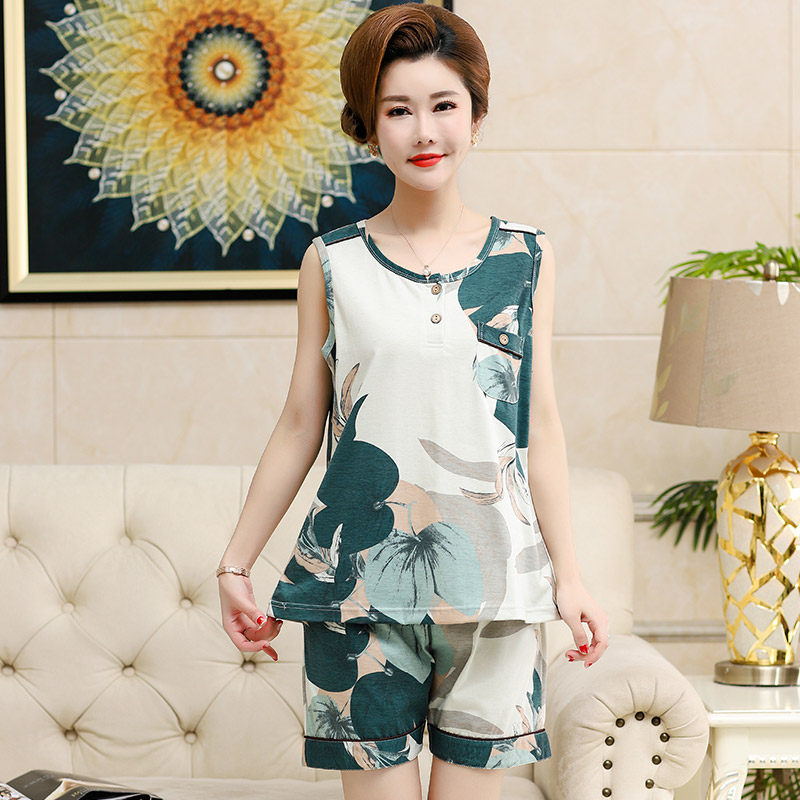 中老年睡衣女夏天纯棉背心短裤中年妈妈加肥加大码无袖家居服套装