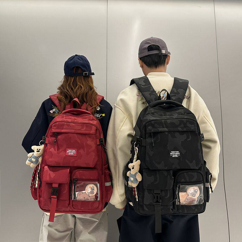 工装风迷彩双肩包男女大学生大容量多口袋减负护脊书包校园背包