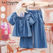 儿童洋气时髦小飞袖 娃娃衫 夏季 女童套装 两件套童装 新款 阔腿裤 夏装