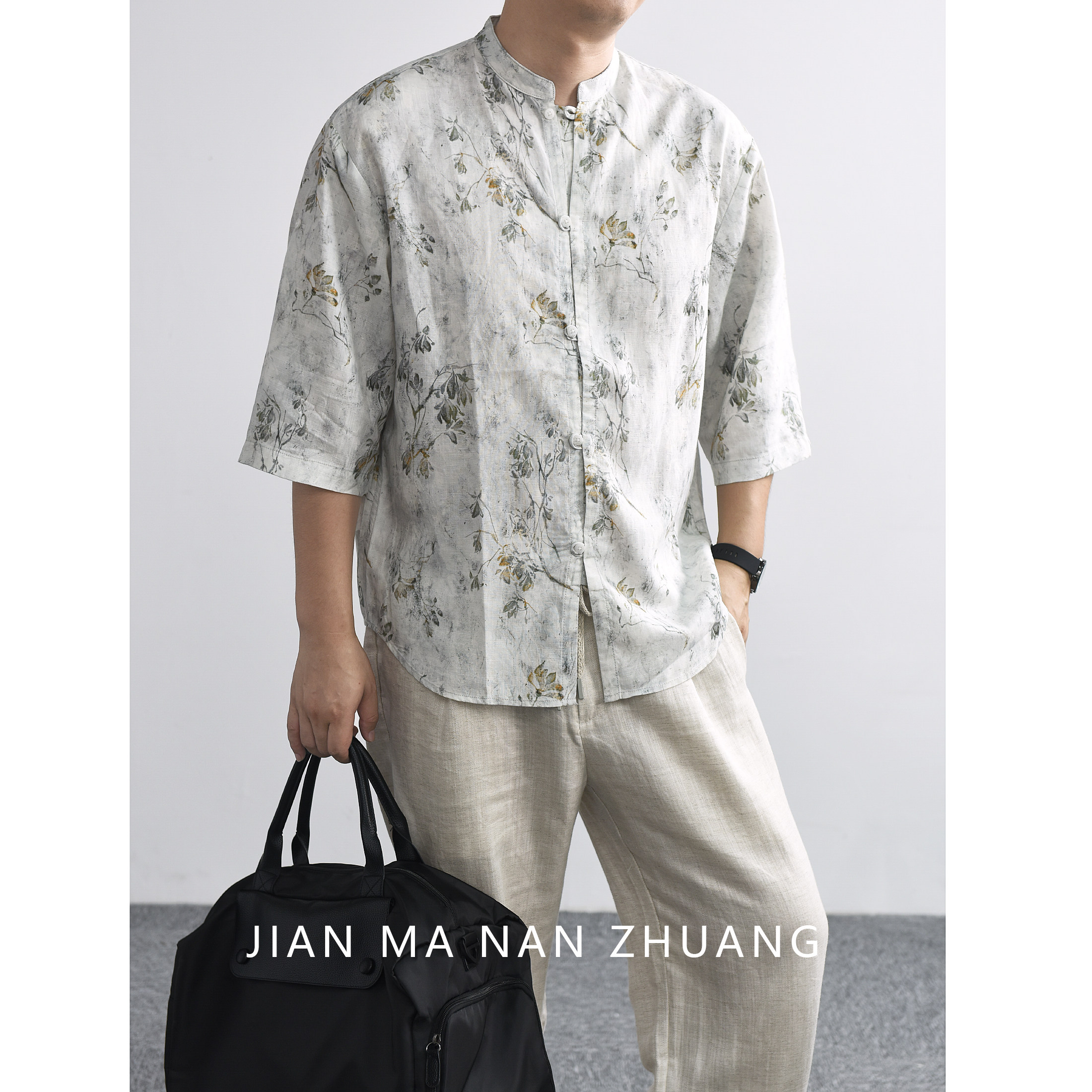 简麻民族风立领盘扣印花衬衫男七分袖中古风天丝亚麻凉感休闲衬衣