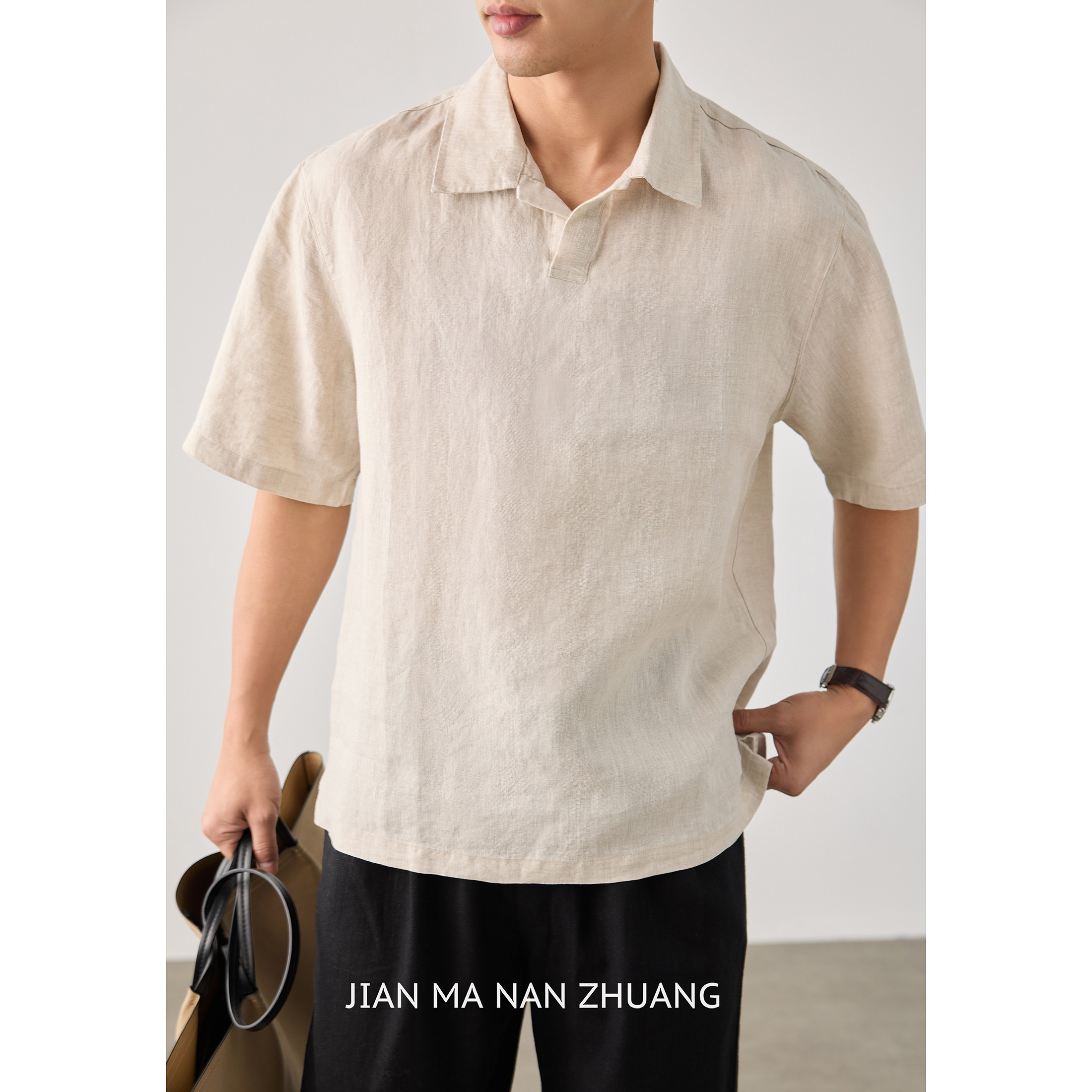 简麻男装纯亚麻POLO衫男夏季新款宽松休闲海鸥领衬衫透气T恤上衣