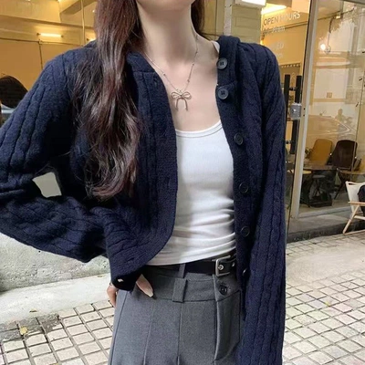 帽衫女秋冬短款外穿连帽针织开衫修身纯色麻花毛衣外套长袖显瘦