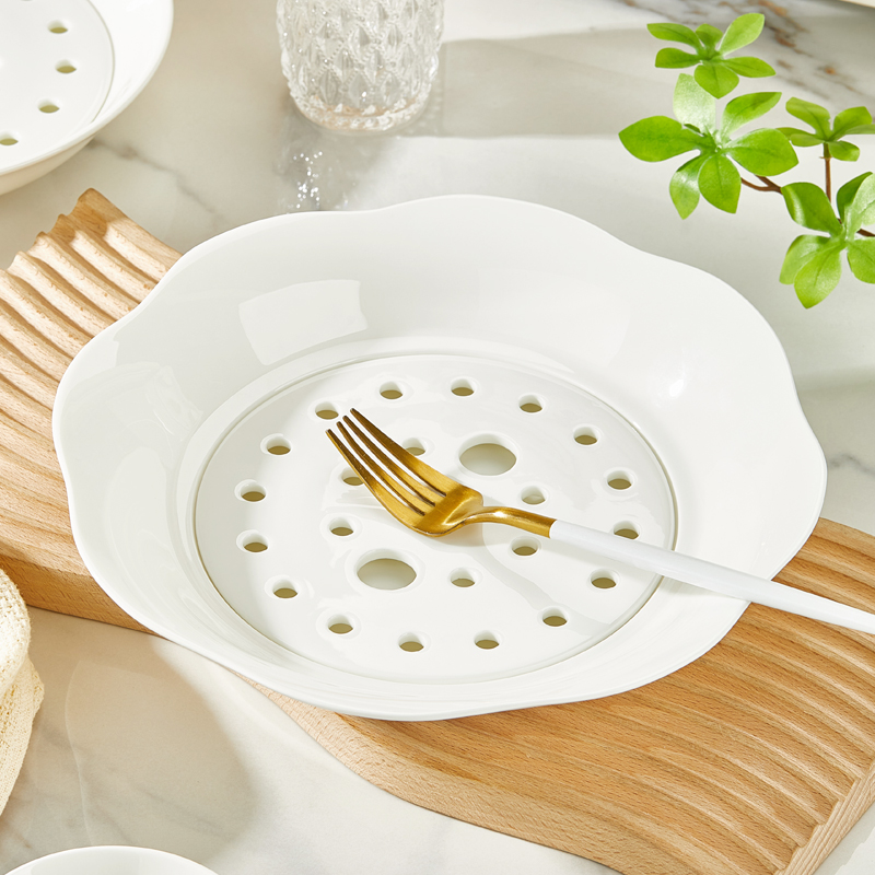 若岚纯白骨瓷沥水饺子盘海鲜水果