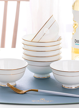 唐山骨瓷欧式金边碗家用组合套装简约陶瓷米饭碗粥面碗微波炉专用