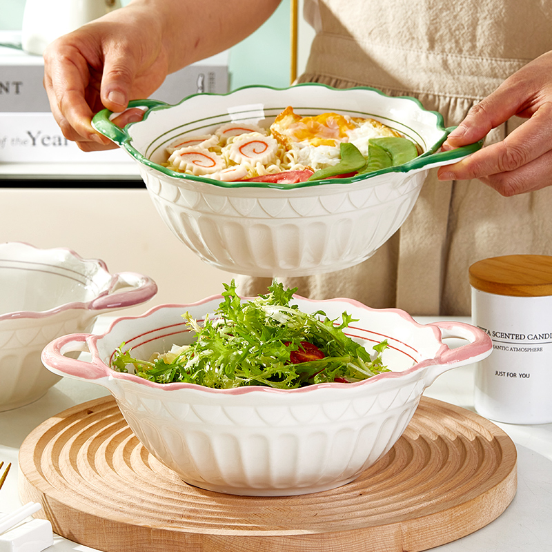 双耳大号汤碗家用陶瓷防烫手柄高颜值可爱小清新拉面碗花边沙拉碗