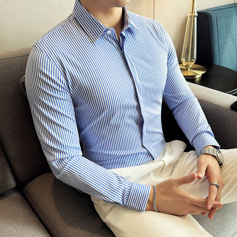 蓝白条纹衬衫男士长袖高级感衬衫男款商务休闲暗门襟韩版修0828e