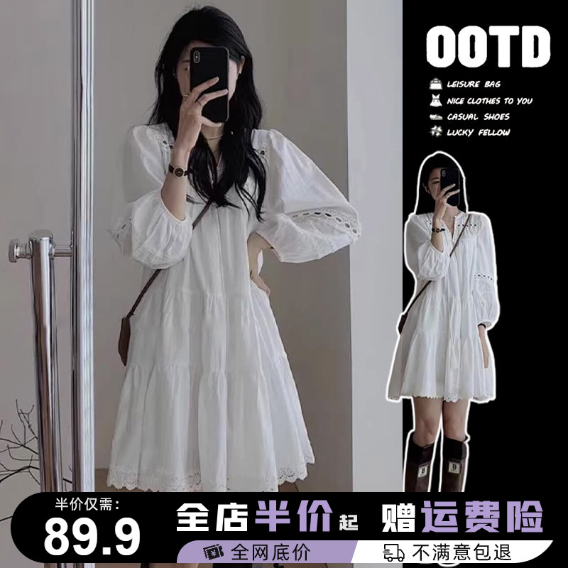 法式白色泡泡袖衬衫连衣裙女2024新款秋装小个子长袖云南旅游穿搭