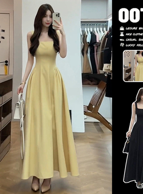 法式黄色气质吊带连衣裙子女夏季2025新款度假高级感背心掐腰长裙