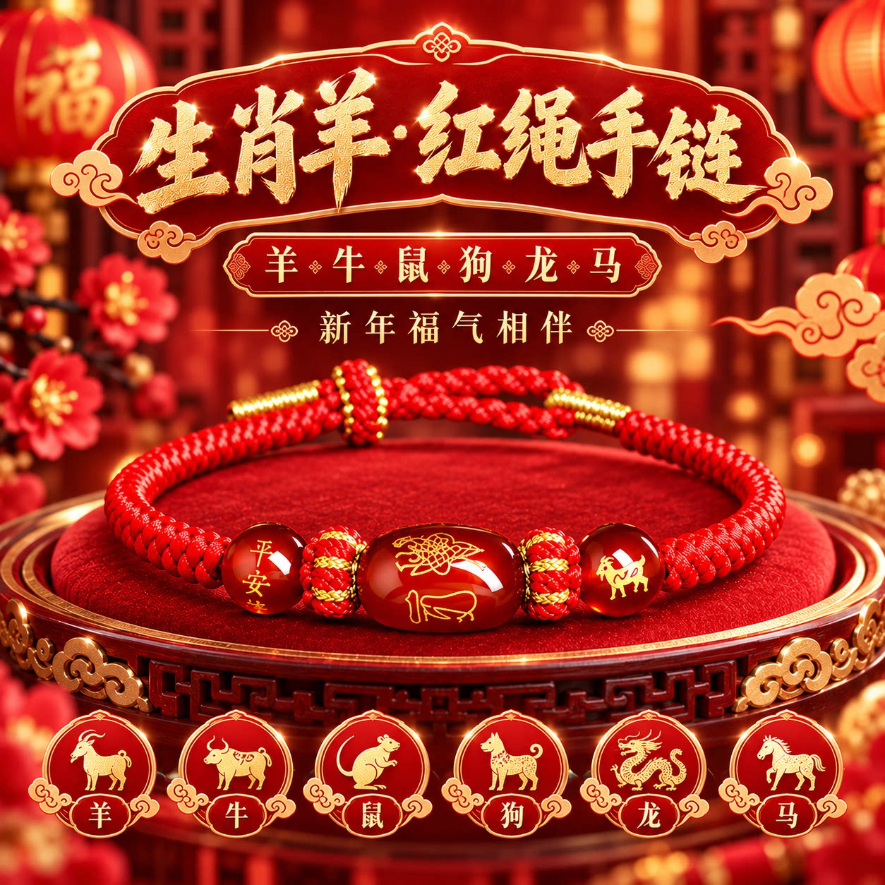 新款玛瑙红绳生肖手链