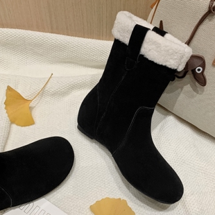 牛翻皮磨砂秀气圆头短筒女靴子秋冬新款真皮撞色拼接内增高短靴潮