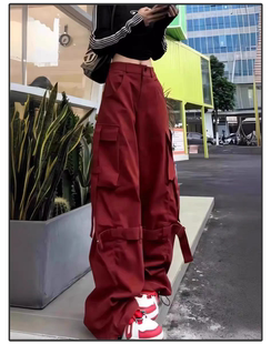 美式高街工装裤女口袋春秋直筒拖地长裤女款阔腿裤裤子红色运动裤