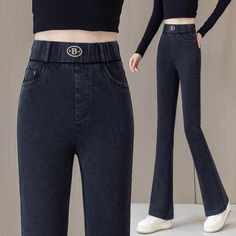 松紧腰高腰微喇叭牛仔裤女春秋冬2025新款显瘦弹力垂感修身马蹄裤