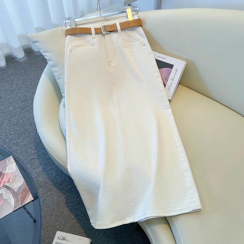 白色牛仔半身裙女春夏季2025新款高腰显瘦a字直筒裙后开叉包臀裙