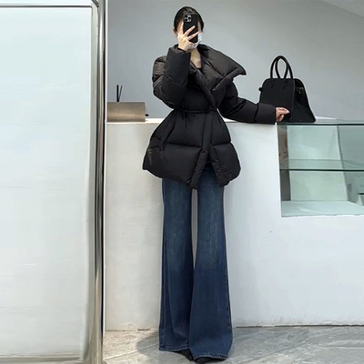 高个子腰遮胯阔腿微喇牛仔裤女