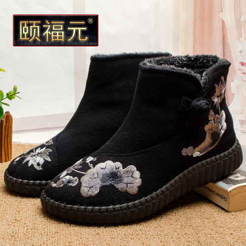 老北京布鞋加绒保暖高帮绣花短靴