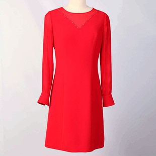 玳莎女裝 簡(jiǎn)約通勤氣質(zhì)優(yōu)雅宴會(huì)禮服裙 連衣裙時(shí)尚 釘珠圓領(lǐng)紅色長(zhǎng)袖