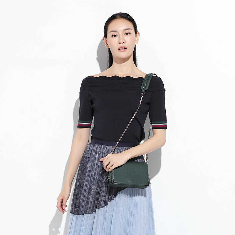 玳莎女装露肩针织套头衫夏季透气薄款修身显瘦花边一字领短袖上衣