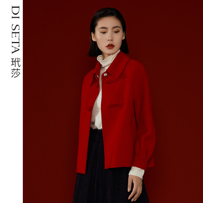 玳莎盘扣新中式双面呢短款大衣冬季复古红色插肩袖纯羊毛毛呢外套