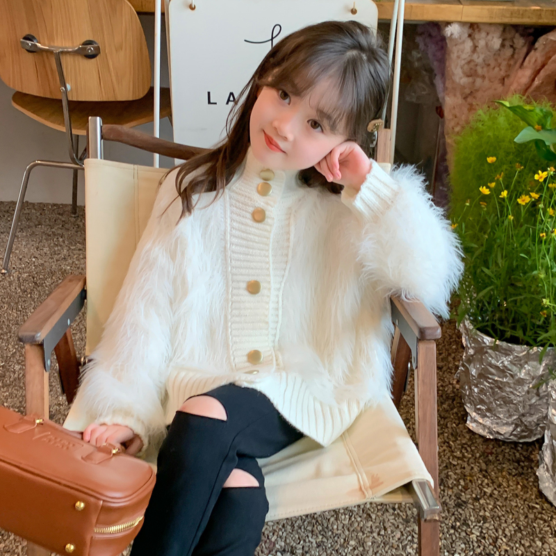 时尚秋冬季女童水貂绒针织衫开衫