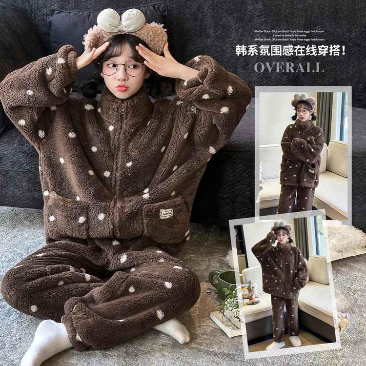 女童法兰绒睡衣秋冬2025新款儿童珊瑚绒家居服加厚拉链款波点睡衣