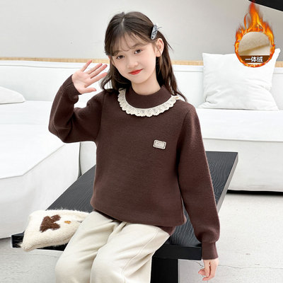 女童打底衫毛衣秋冬季2025新款加厚一体绒中大儿童针织衫女孩内搭