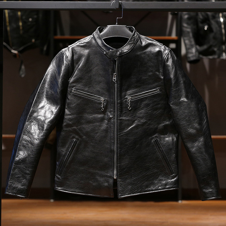 阿美咔叽日系复古机车J100牛皮皮衣男立领短款油蜡漆真皮夹克