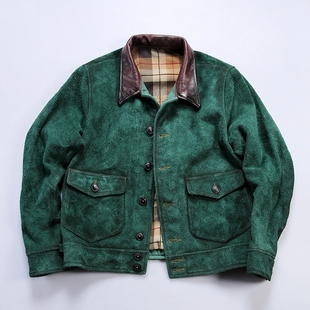 复古手工擦色拼接德普大叔RL牛仔真皮夹克男翻领反绒黄牛皮皮衣