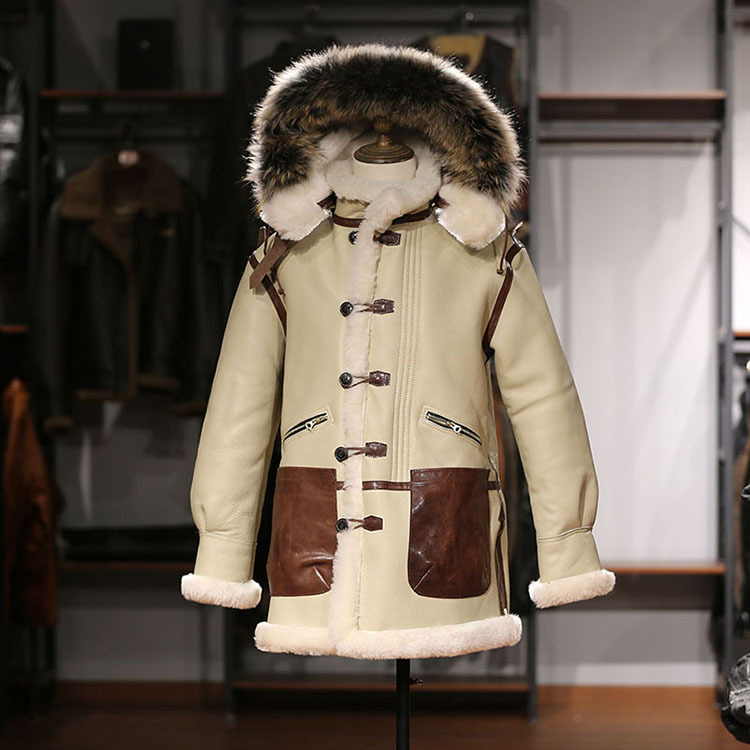 美式空B7飞行服皮毛一体大衣男可拆卸帽中长款绵羊皮皮草皮衣