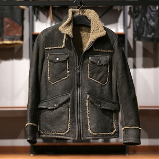 翻领M65猎装绵羊皮皮毛一体男工厂直供复古军绿多兜真皮皮草夹克