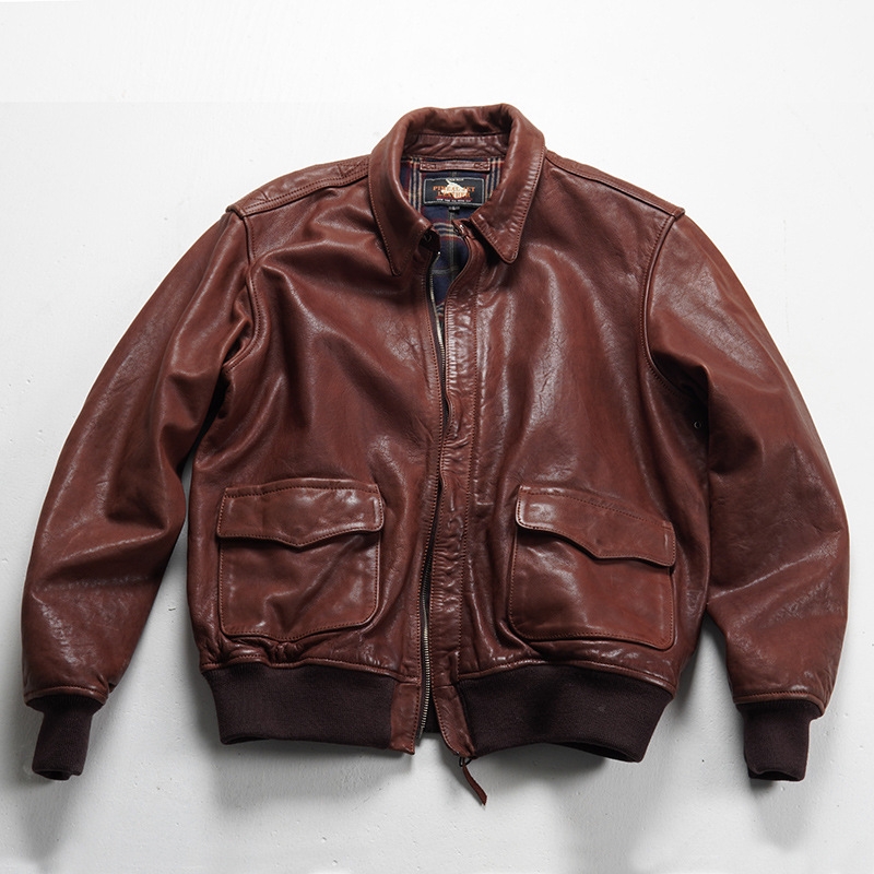 新款A2空军飞行服真皮夹克男亚洲修身短款头层植鞣牛皮皮衣外套
