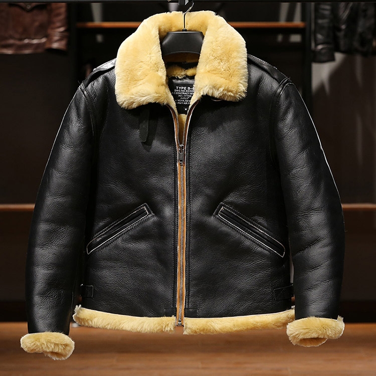 AVFLY绵羊皮B6皮毛一体飞行员夹克男女情侣款马皮拼接真皮皮衣