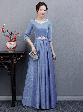 合唱团演出服女长裙2021新款礼服蓝色迎宾主持司仪大合唱演出服装