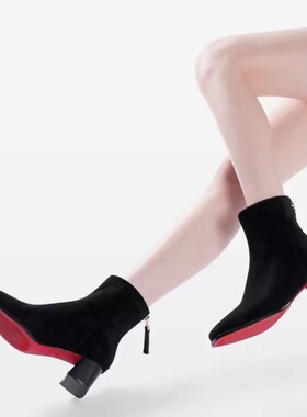 大姚女鞋大美丽瘦瘦靴5-3cm 方头粗跟冬季红底 新年战靴拉链短靴