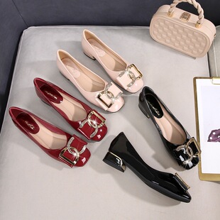 2025春新款工作鞋女春季百搭单鞋粗跟真皮水钻方头女鞋大码42浅口