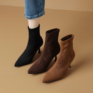 大姚细跟高跟短靴女秋冬新款尖头黑色短靴显瘦 纯绒面弹力瘦瘦靴